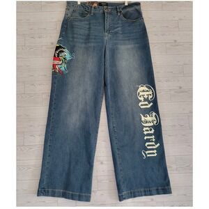Ed Hardy Eagle Wide Leg Jeans Women's Size 32 Embroidered Sk8 Y2K NWT New